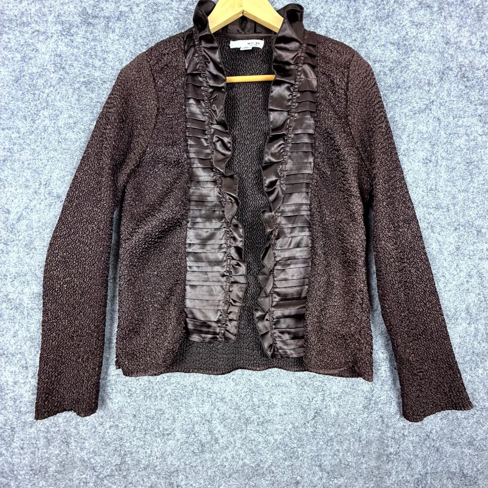 WD.NY Jacket Womens PM Chocolate Brown Y2K Satin Ruffle Trim Textured Open Front